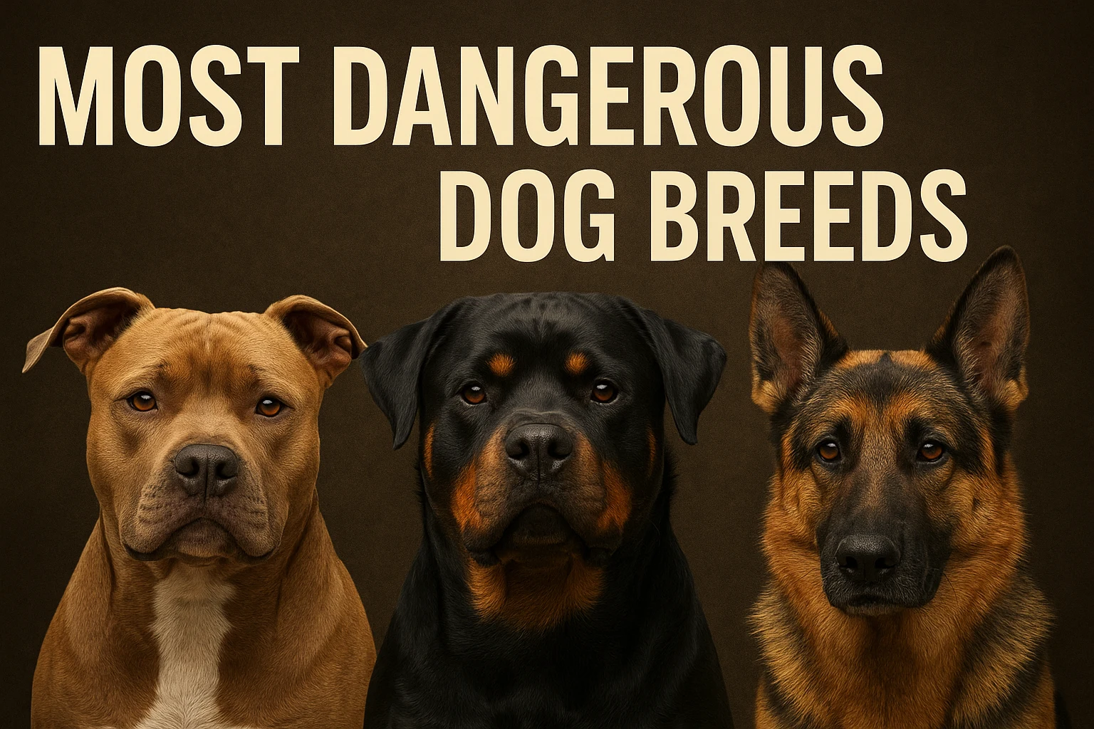 Most Dangerous Dog Breeds – Pitbull, Rottweiler, and German Shepherd in one feature image showcasing aggressive yet powerful breeds.