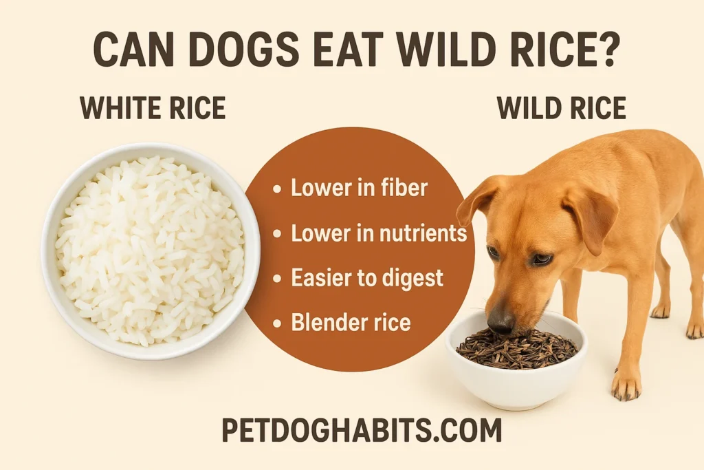 Comparison image showing white rice on one side and wild rice with a dog on the other, highlighting nutritional differences to explain can dogs eat wild rice safely and healthily.