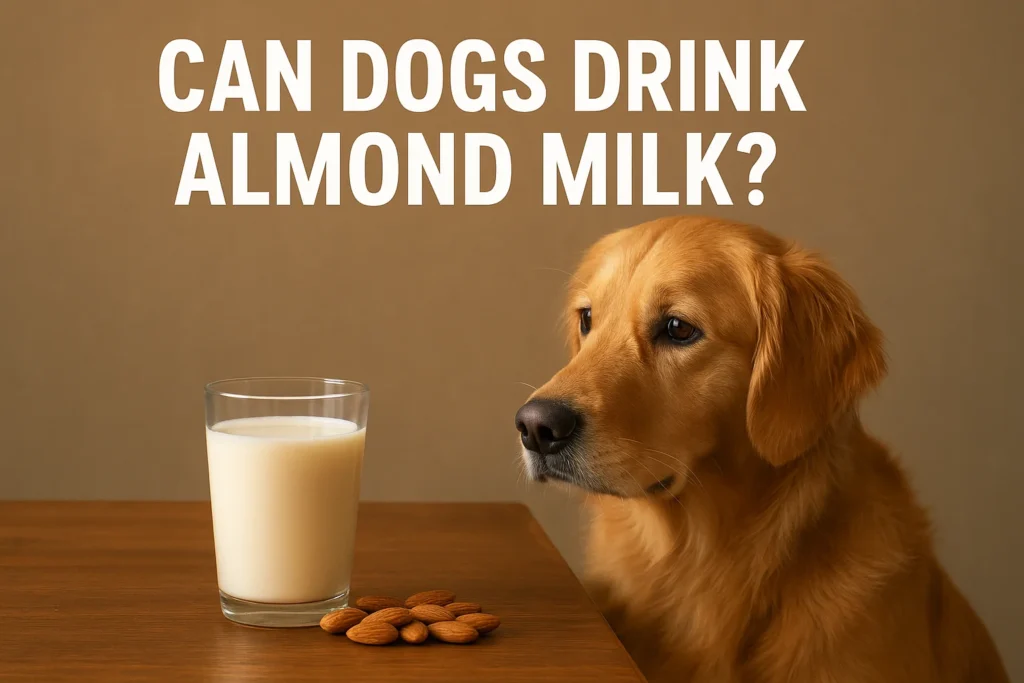 Golden retriever looking at a glass of almond milk on a wooden table – Can dogs drink almond milk safely?
