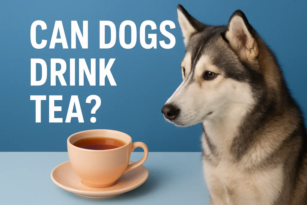 Dog looking at a cup of tea on a wooden table — can dogs drink tea safely?