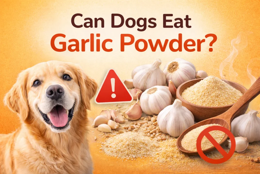 A happy Golden Retriever looking at garlic powder and garlic cloves, illustrating the topic “Can Dogs Eat Garlic Powder?”