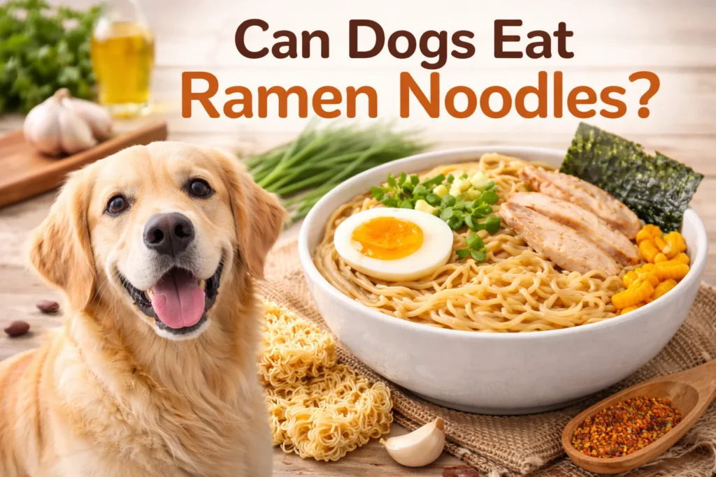 Can dogs eat ramen noodles safely with a dog sitting beside a bowl of ramen noodles