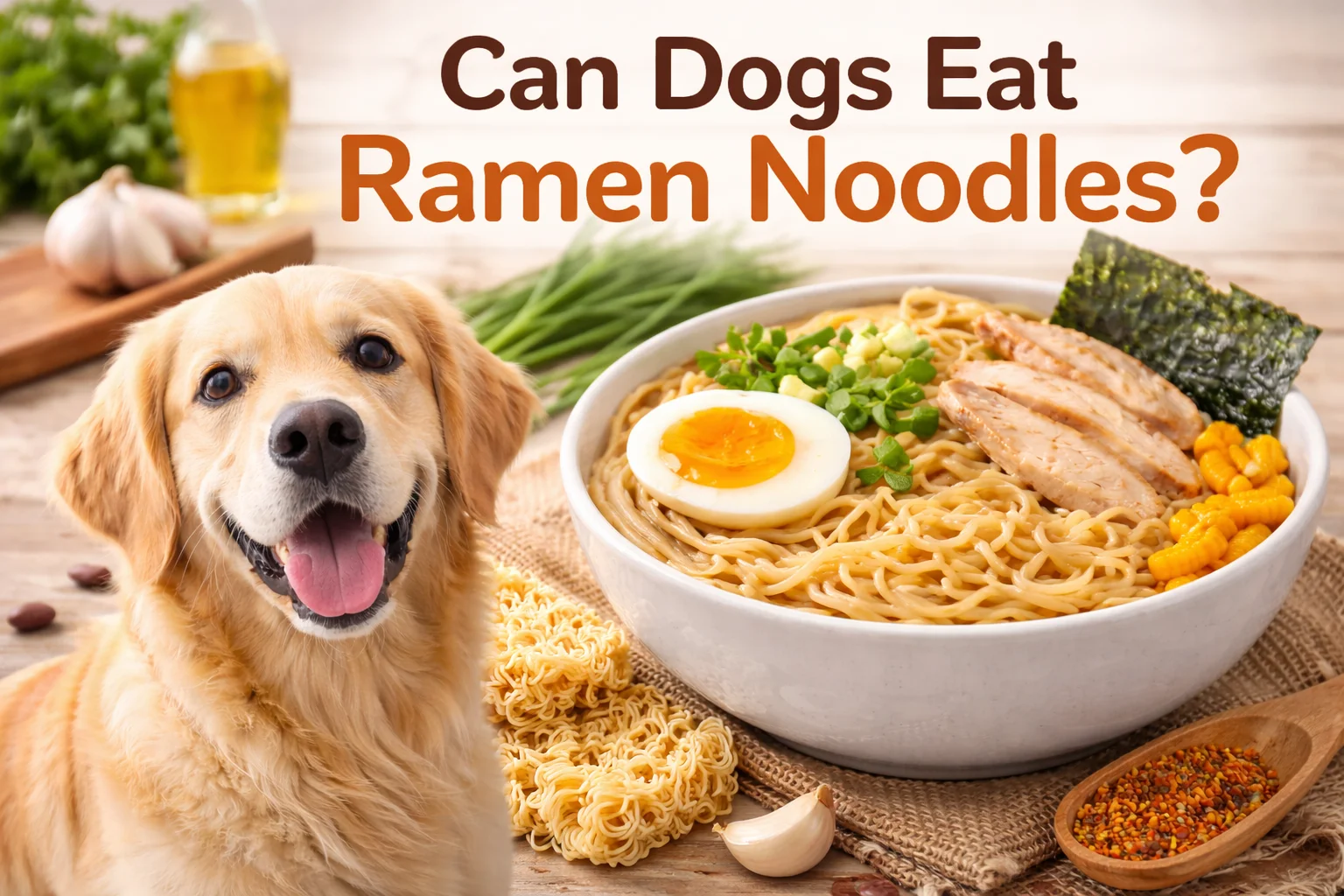Can dogs eat ramen noodles safely with a dog sitting beside a bowl of ramen noodles