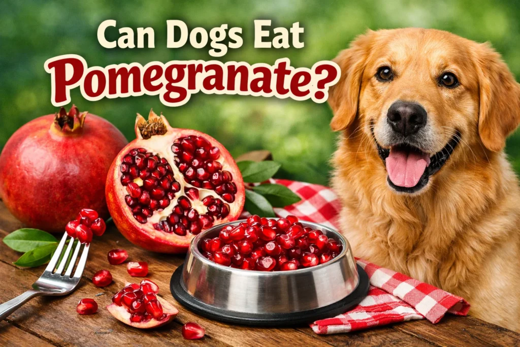 Dog sitting next to pomegranate seeds and fruit, showing whether dogs can eat pomegranate safely