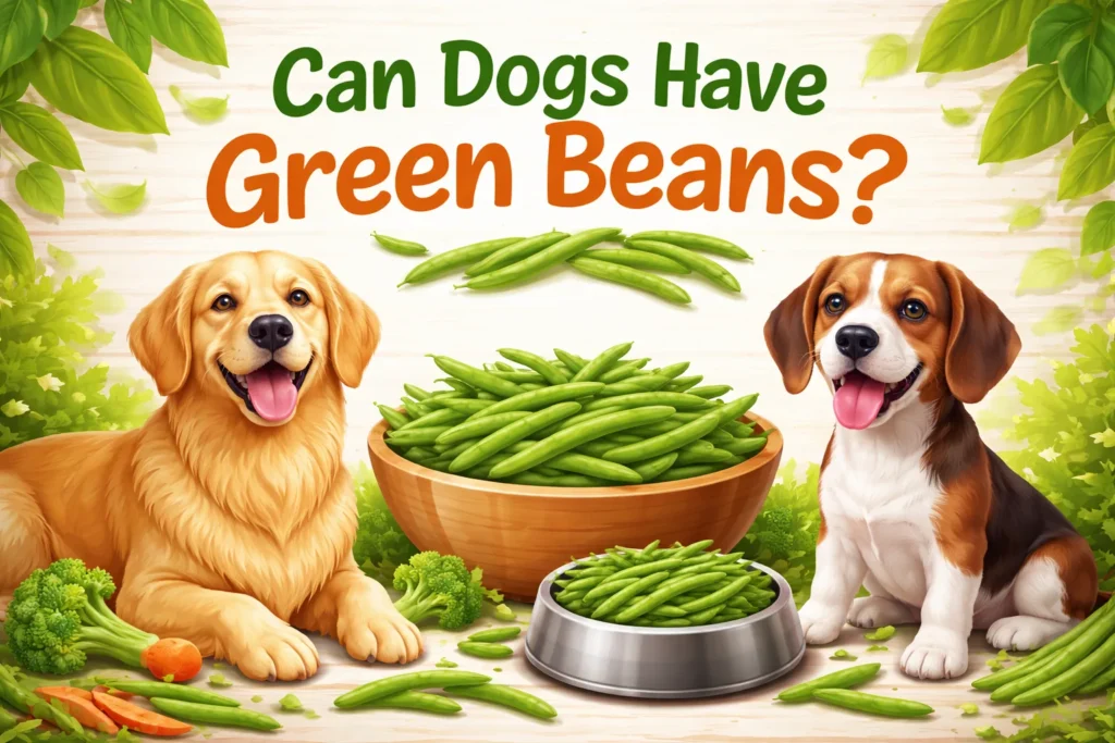 Two dogs sitting beside bowls filled with fresh green beans, illustrating whether dogs can have green beans safely.