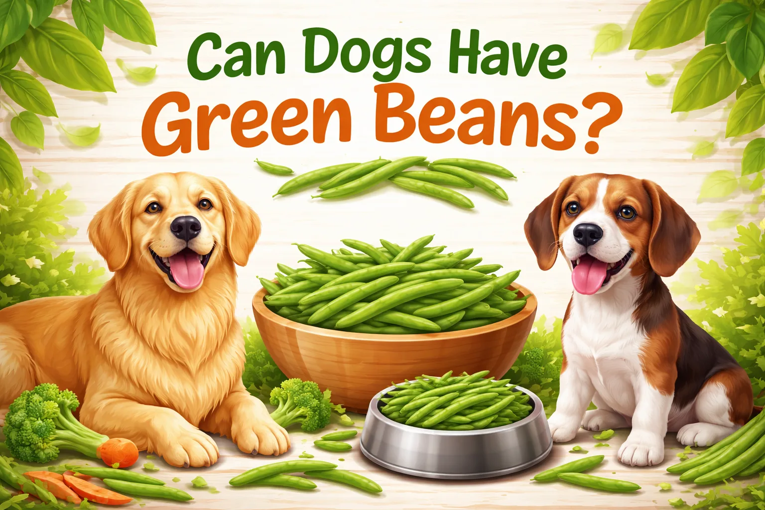 Two dogs sitting beside bowls filled with fresh green beans, illustrating whether dogs can have green beans safely.