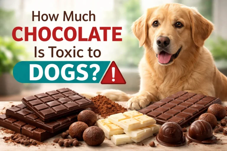 Golden retriever sitting beside dark, milk, and white chocolate bars illustrating how much chocolate is toxic to dogs and the dangers of chocolate poisoning.