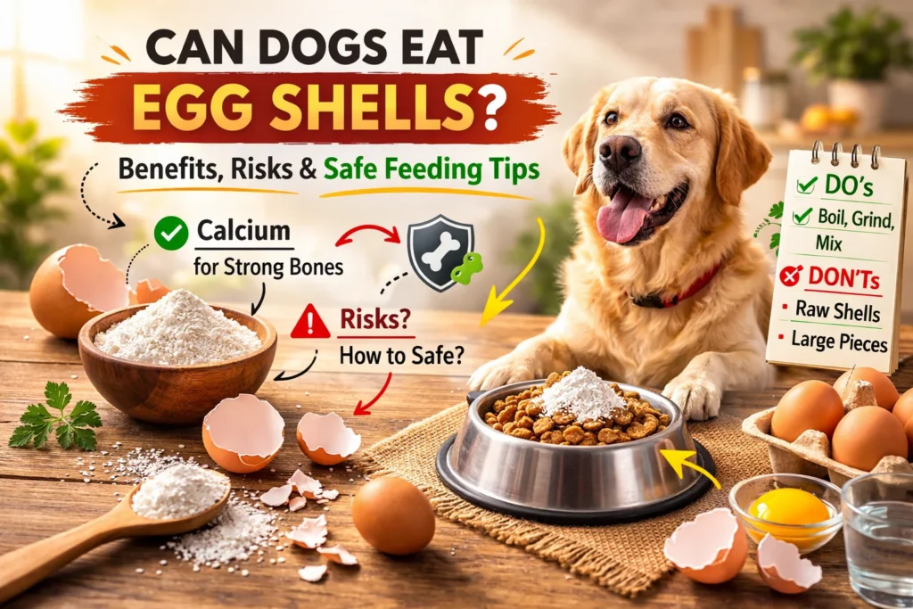 A happy golden retriever with a bowl of dog food topped with powdered eggshells, surrounded by eggs and eggshells, illustrating the benefits and risks of feeding egg shells to dogs.