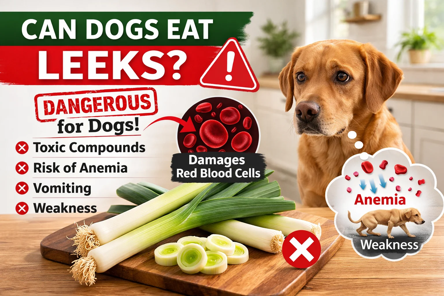 Can dogs eat leeks infographic showing leeks on a cutting board and a concerned dog with warning signs about leek toxicity and anemia risk.