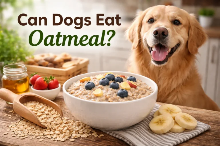 Golden retriever sitting beside a bowl of cooked oatmeal with blueberries and banana slices on a wooden table.