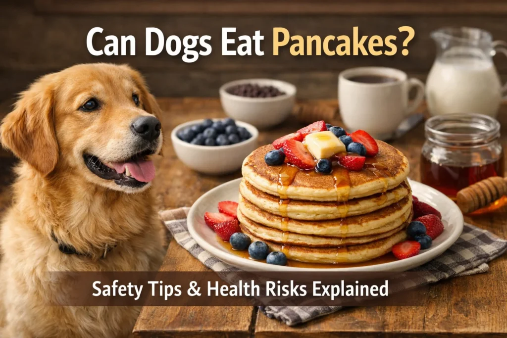 Golden Retriever looking at a stack of pancakes on a wooden table illustrating can dogs eat pancakes safety guide