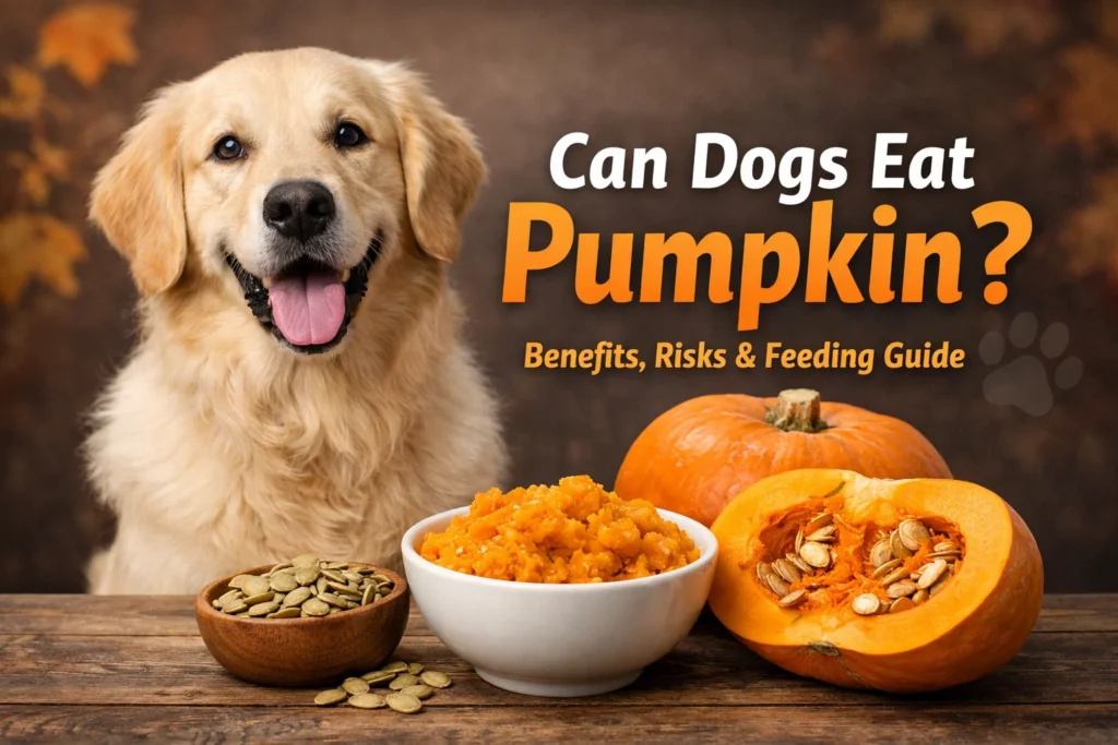 Golden retriever next to whole pumpkins, pumpkin seeds, and mashed pumpkin, with text "Can Dogs Eat Pumpkin? Benefits, Risks & Feeding Guide"