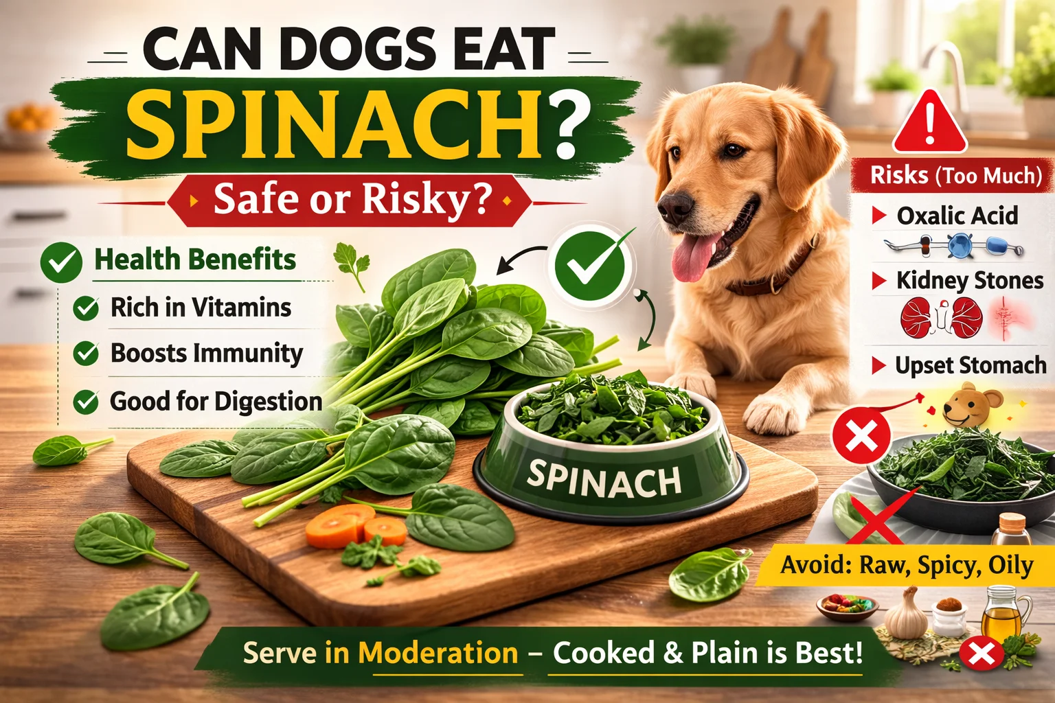 Can dogs eat spinach infographic showing a dog beside a bowl of cooked spinach with health benefits and risks explained.