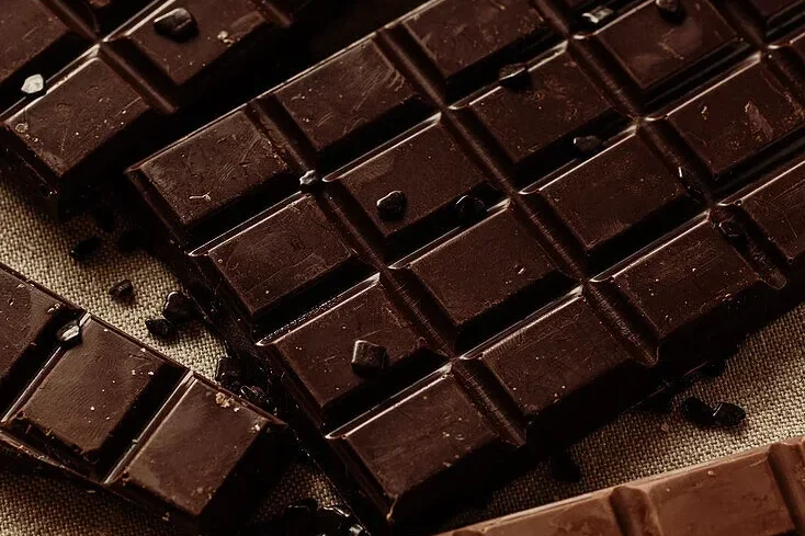 Dark chocolate bar pieces showing high cocoa content, illustrating how much chocolate is toxic to dogs and why dark chocolate is the most dangerous type.