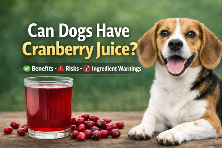 Beagle dog sitting beside a glass of cranberry juice and fresh cranberries with “Can Dogs Have Cranberry Juice?” text on a green background.