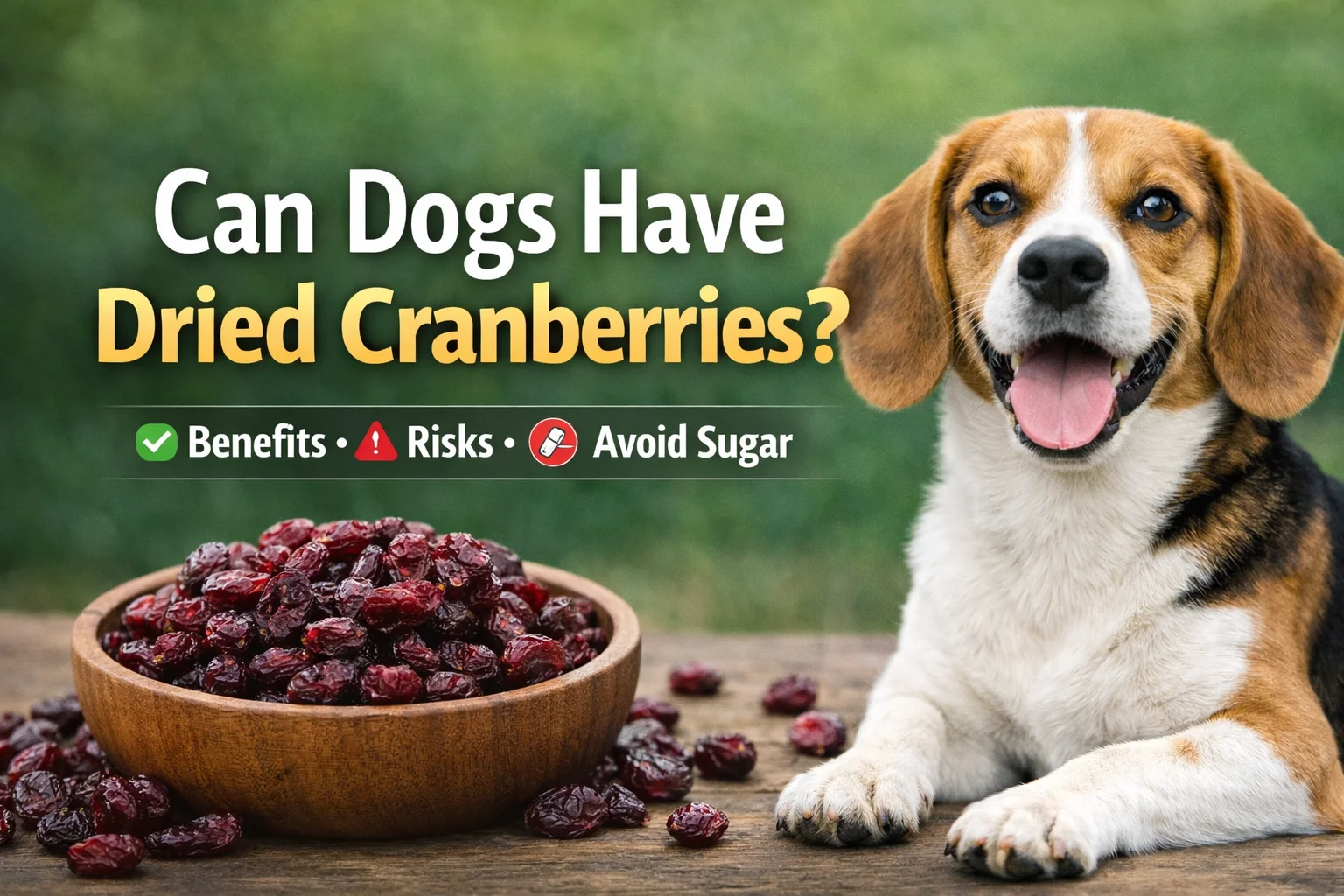 Beagle dog sitting beside a wooden bowl of dried cranberries with “Can Dogs Have Dried Cranberries?” text on a green background.