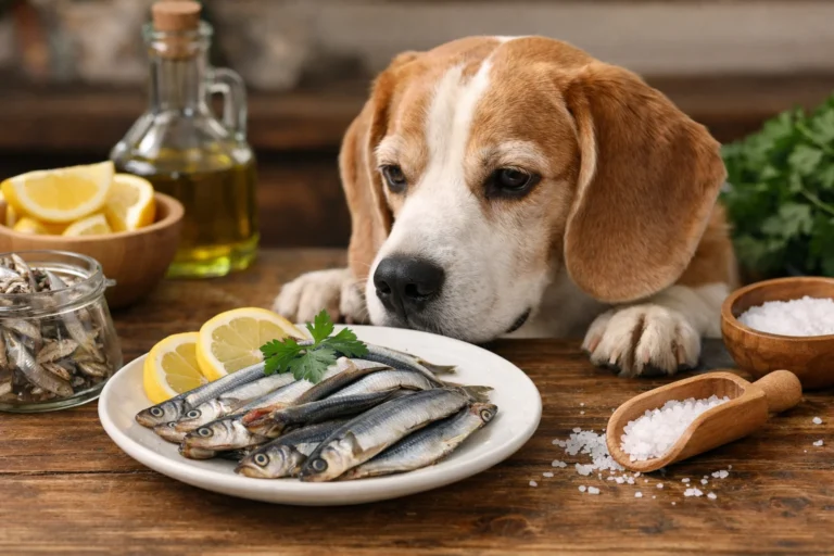 Dog looking at fresh anchovies on a plate on a kitchen table – can dogs eat anchovies concept