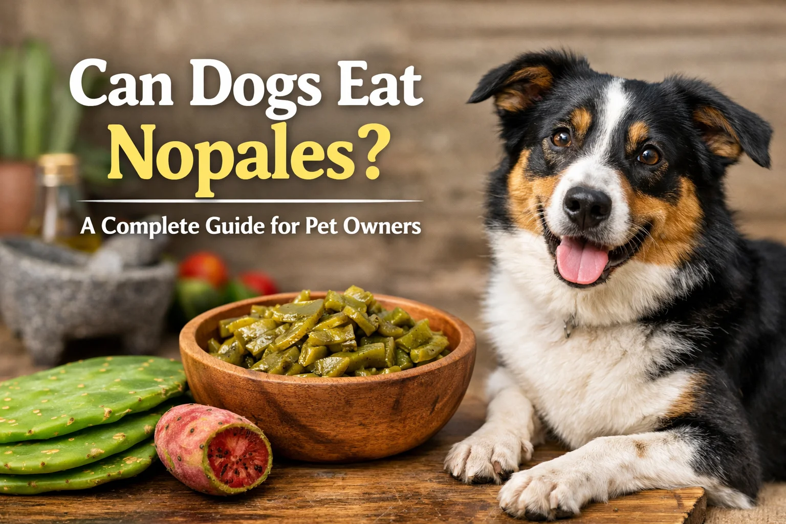 Dog sitting beside a bowl of cooked nopales on a wooden table illustrating can dogs eat nopales safely