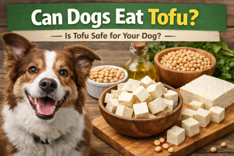 Dog sitting next to fresh tofu cubes and soybeans illustrating whether dogs can eat tofu safely.