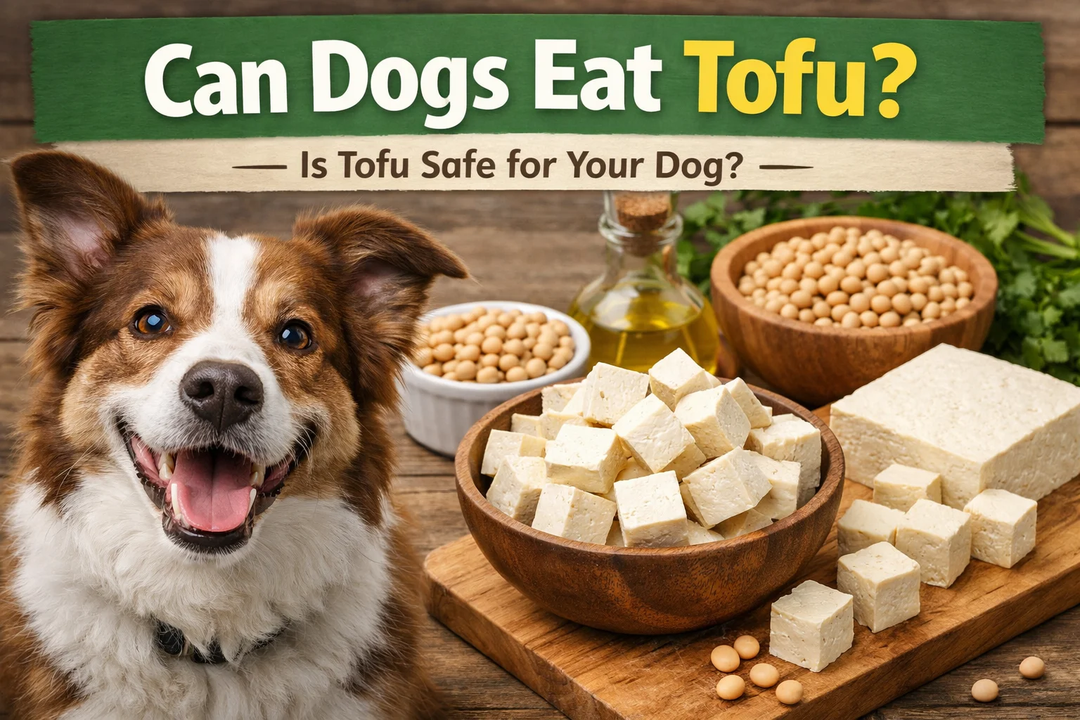 Dog sitting next to fresh tofu cubes and soybeans illustrating whether dogs can eat tofu safely.