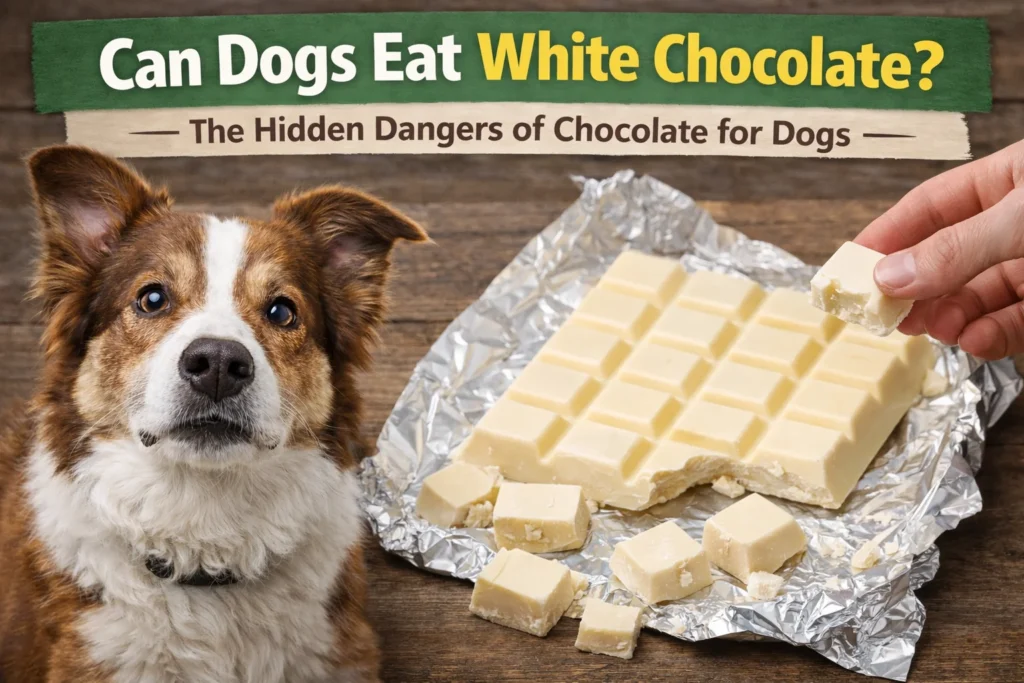 Dog looking at pieces of white chocolate on a table illustrating whether dogs can safely eat white chocolate.