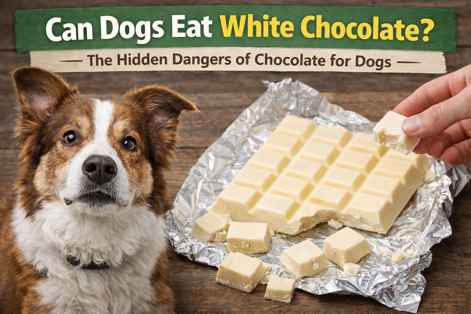 Dog looking at pieces of white chocolate on a table illustrating whether dogs can safely eat white chocolate.