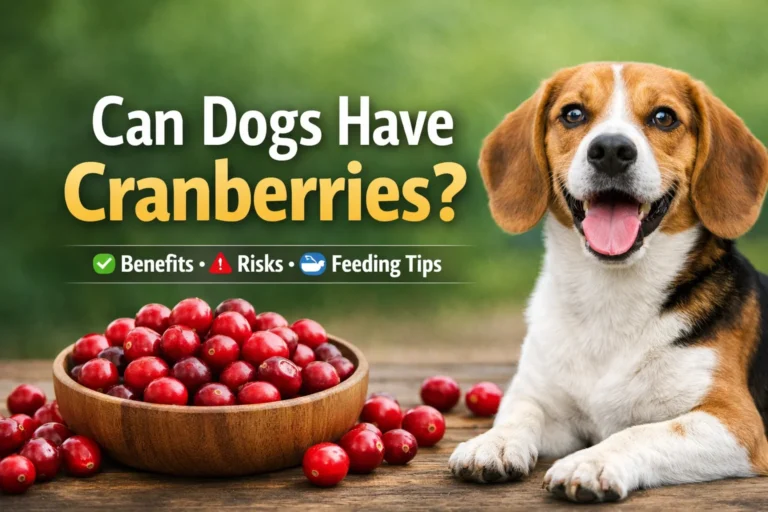 Beagle dog sitting beside a wooden bowl of fresh cranberries with “Can Dogs Have Cranberries?” text on a green background.